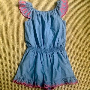 Girls Cotton Denim Romper with Pink Embroidery. Summer fun outfit!!